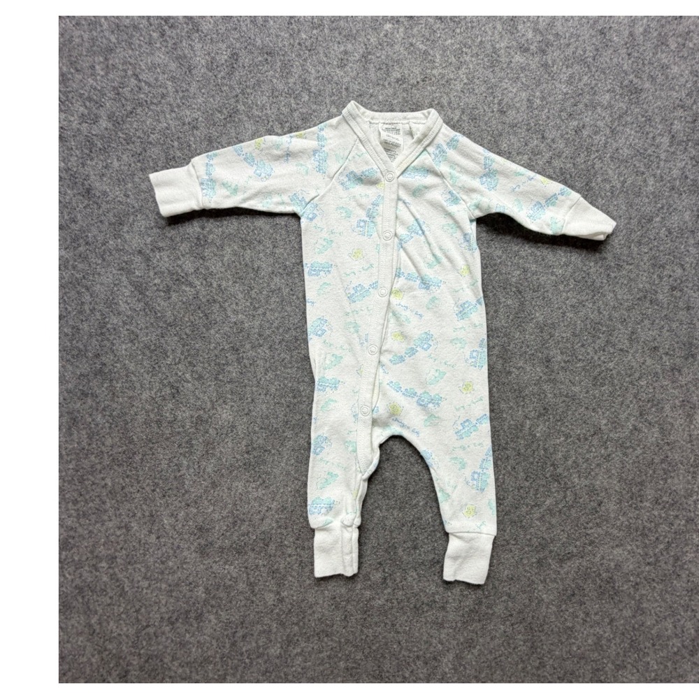 Gerber Vintage Newborn White Blue Train Chug A Lug Cotton Snap Front Sleeper